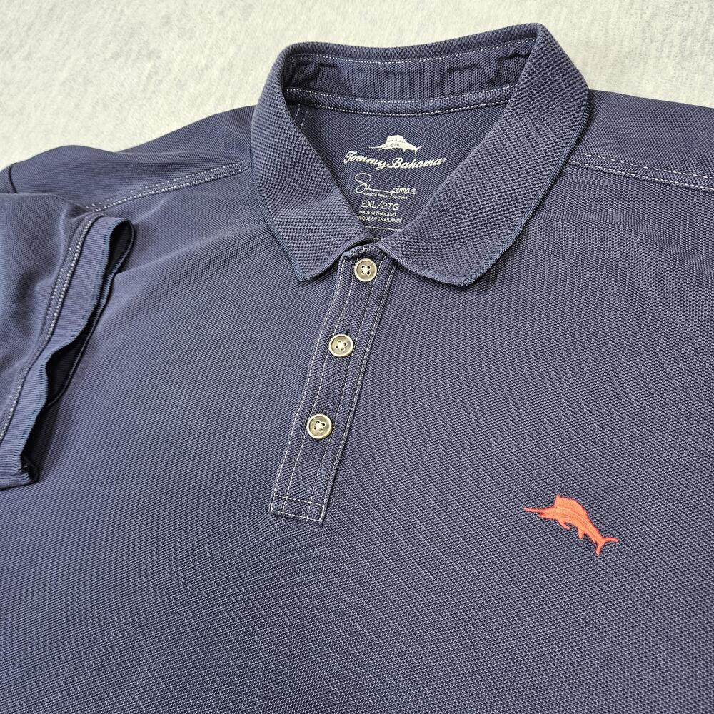 Tommy Bahama Polo Shirt Mens 2XL Blue Supima Cotton Marlin Logo Casual